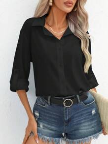 SHEIN Essnce Áo sơ mi nữ Nút phía trước màu trơn Giải trí - màu đen - Xem 4