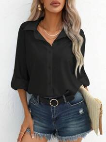 SHEIN Essnce Áo sơ mi nữ Nút phía trước màu trơn Giải trí - màu đen - Xem 5
