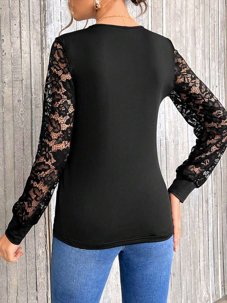 SHEIN Clasi Contrast Lace Lantern Sleeve Tee - Black - View 2