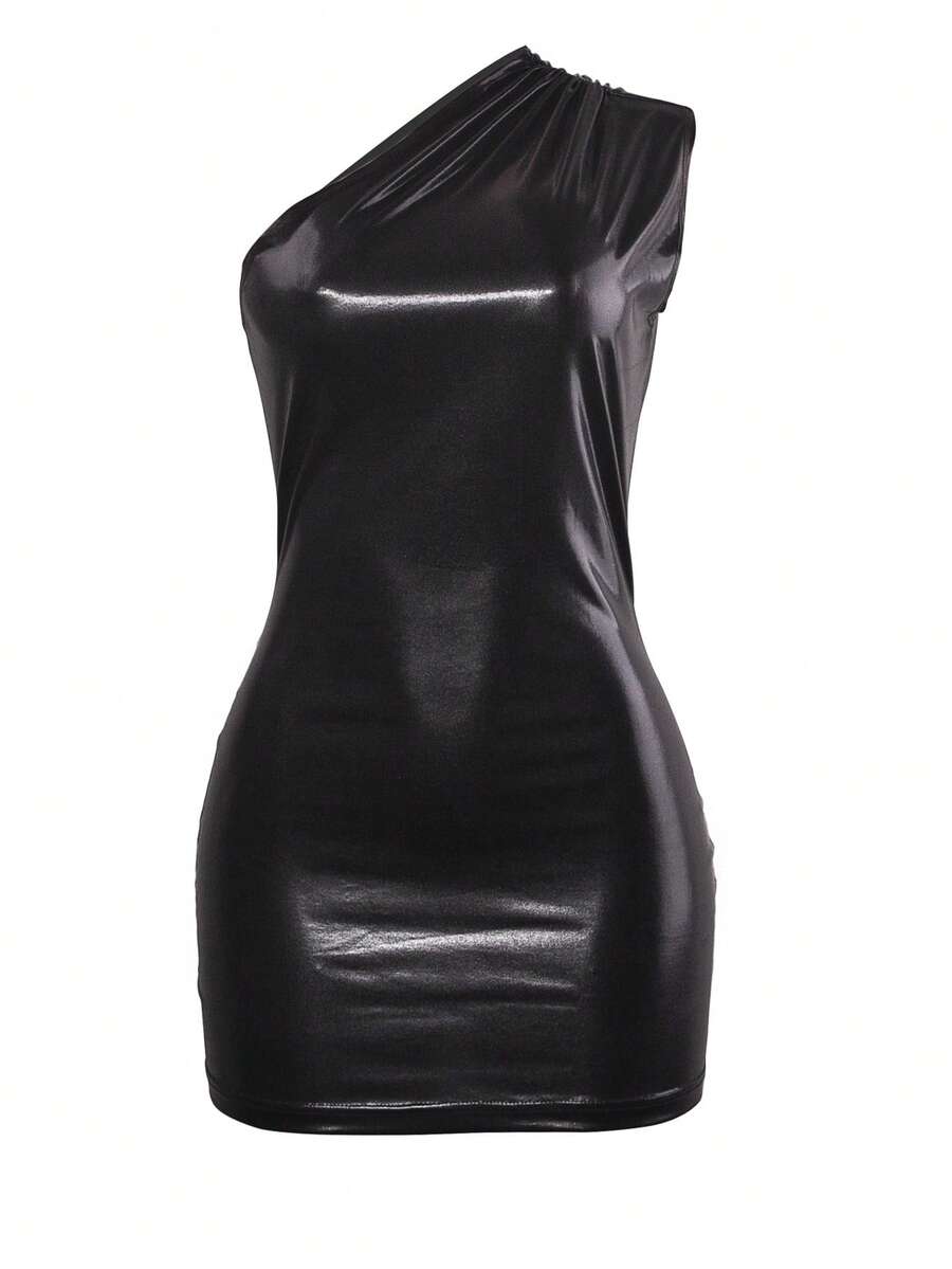 Vestido ajustado de un hombro - Negro - Ver 1
