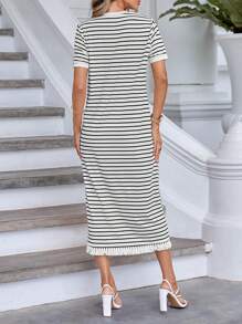 SHEIN Essnce 條紋印花流蘇下擺T恤洋裝 - 黑與白 - 查看 3
