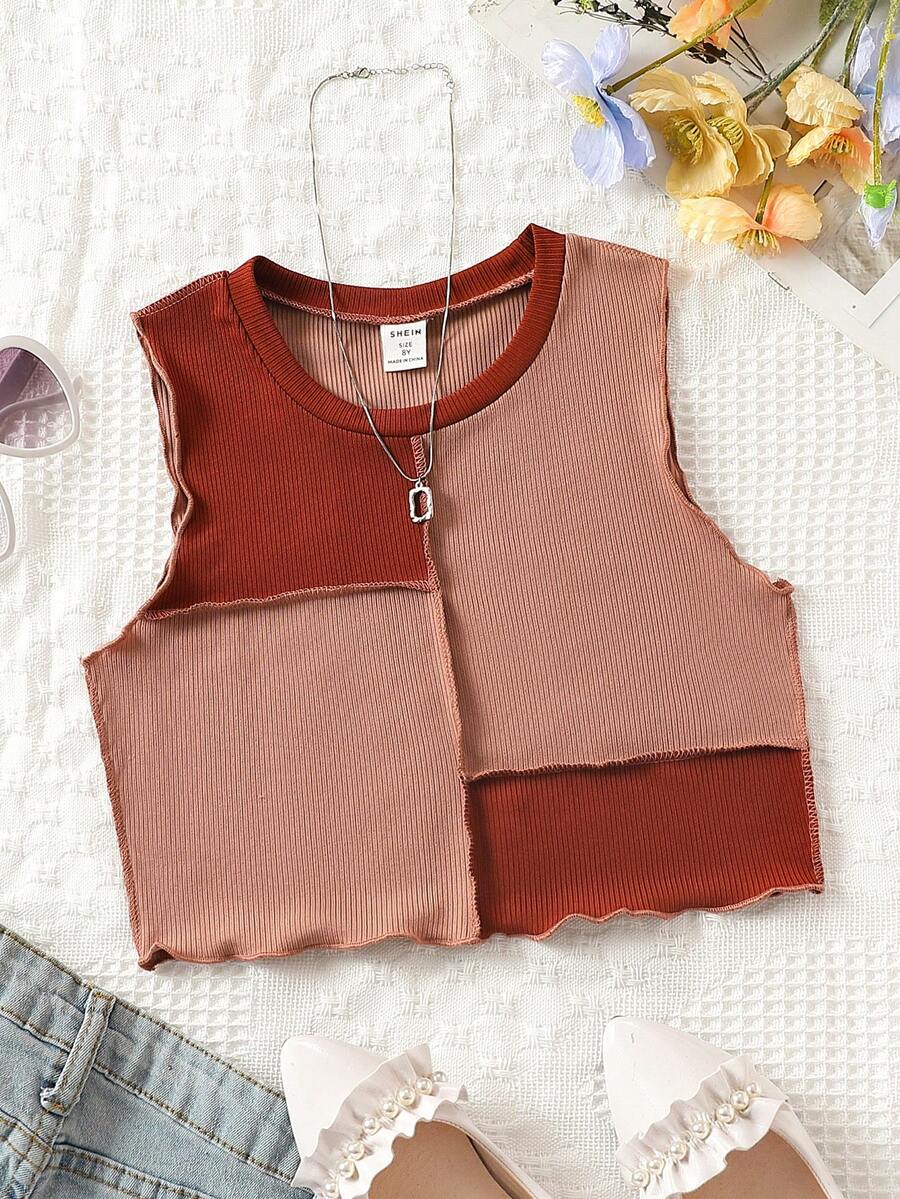 SHEIN Girls Colourblock Top-stitching Lettuce Trim Tank Top - Multicolor - View 1