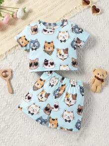 SHEIN Bộ đồ Em bé Hoạt hình Tất cả trên in - Màu xanh lam - Xem 1