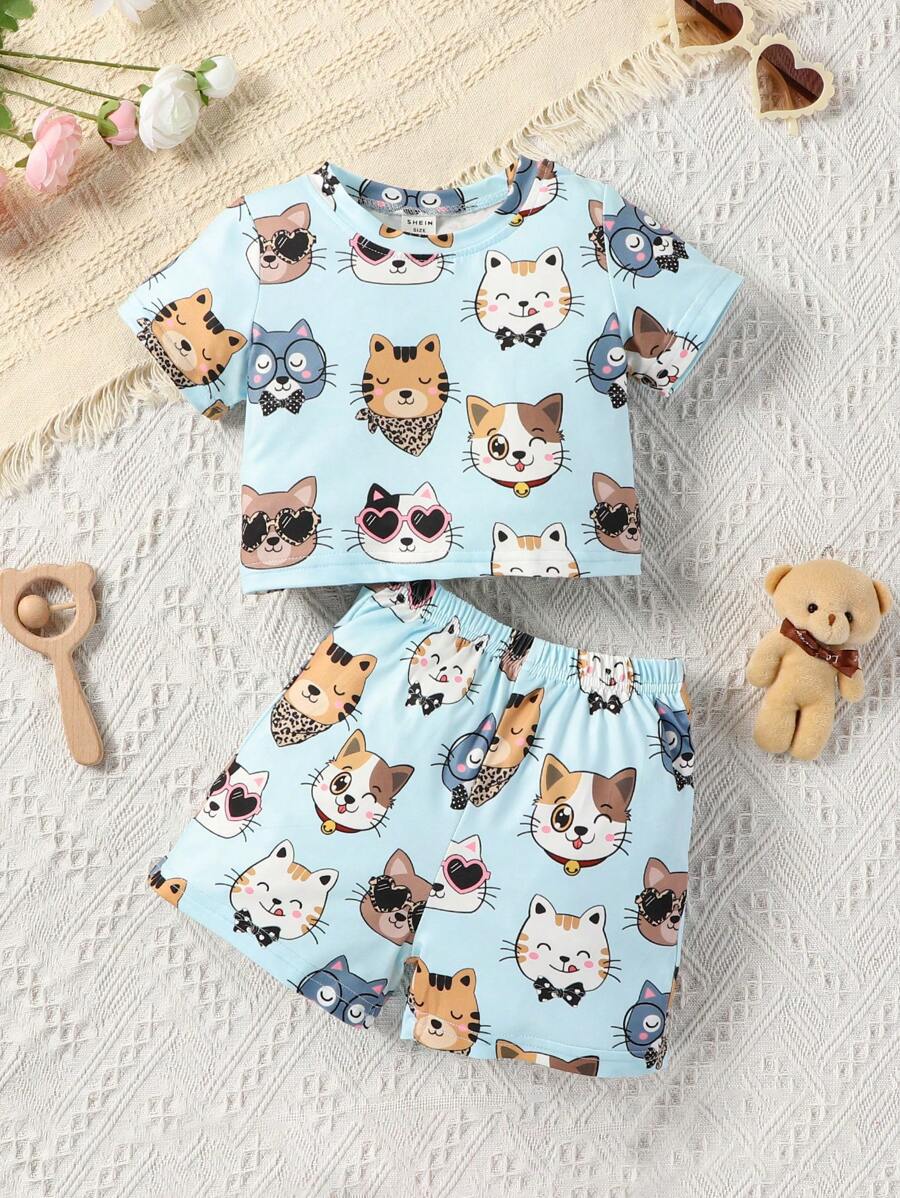 SHEIN Bộ đồ Em bé Hoạt hình Tất cả trên in - Màu xanh lam - Xem 1
