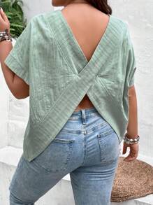 SHEIN Frenchy Plus Solid Batwing Sleeve Blouse - Mint Green - View 1