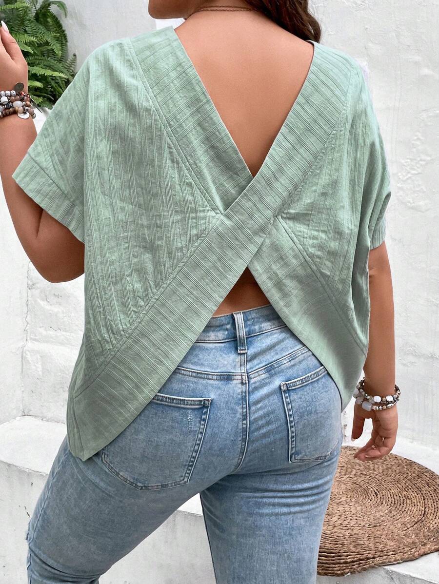 SHEIN Frenchy Plus Solid Batwing Sleeve Blouse - Mint Green - View 1