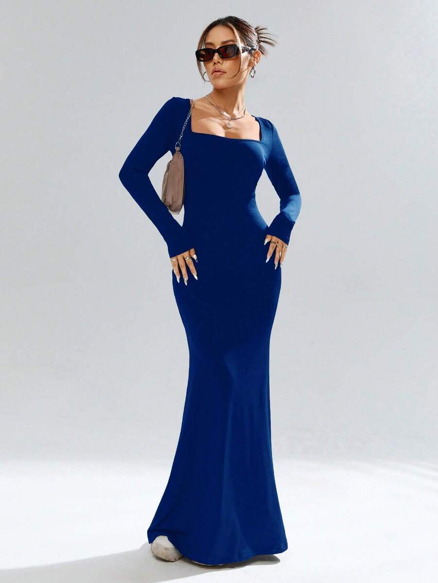 SHEIN Privé Women's Simple Casual Elegant Abstract Print Turtleneck Long Sleeve Bodycon Mermaid Dress Fall Clothes Black Elegant Dress Homecoming Dresses Fall Women Dresses - Navy Blue - View 1