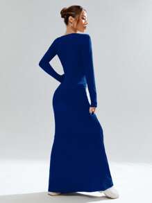 SHEIN Privé Women's Simple Casual Elegant Abstract Print Turtleneck Long Sleeve Bodycon Mermaid Dress Fall Clothes Black Elegant Dress Homecoming Dresses Fall Women Dresses - Navy Blue - View 2