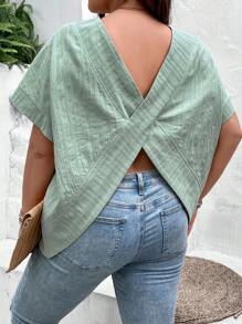 SHEIN Frenchy Plus Solid Batwing Sleeve Blouse - Mint Green - View 5