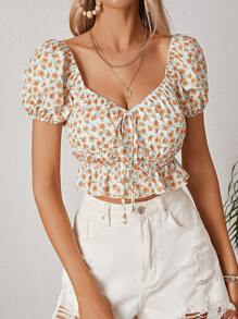 Bianca F Prints 碎花前打結荷葉邊短款襯衫 - 彩色 - 查看 1