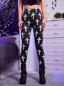ROMWE Goth Cross Print Leggings