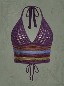 ROMWE Hippie 條紋圖案後背繫帶吊脖針織上衣 - 紫色 - 查看 1