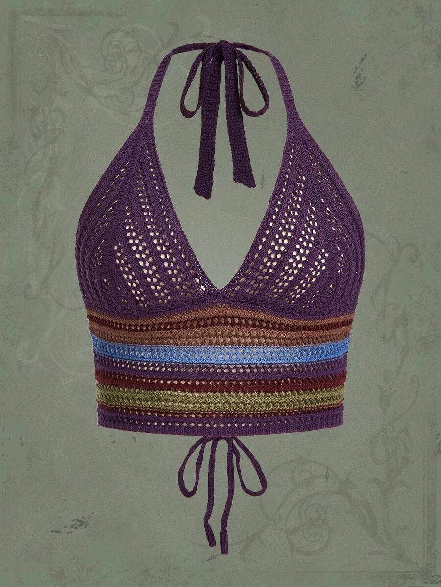 ROMWE Hippie 條紋圖案後背繫帶吊脖針織上衣 - 紫色 - 查看 1