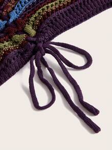 ROMWE Hippie 條紋圖案後背繫帶吊脖針織上衣 - 紫色 - 查看 3