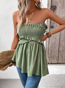 SHEIN Frenchy 褶邊荷葉邊抹胸上衣 - 綠色 - 查看 1