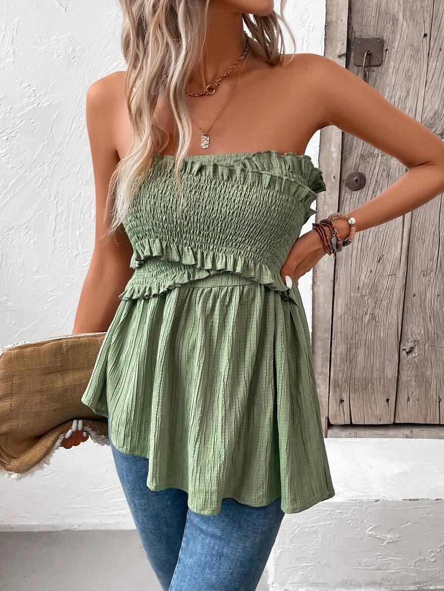 SHEIN Frenchy 褶邊荷葉邊抹胸上衣 - 綠色 - 查看 1
