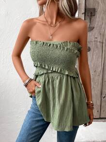 SHEIN Frenchy 褶邊荷葉邊抹胸上衣 - 綠色 - 查看 3