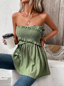 SHEIN Frenchy 褶邊荷葉邊抹胸上衣 - 綠色 - 查看 5