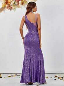不對稱領高衩亮片正式連衣裙 - 紫色 - 查看 2