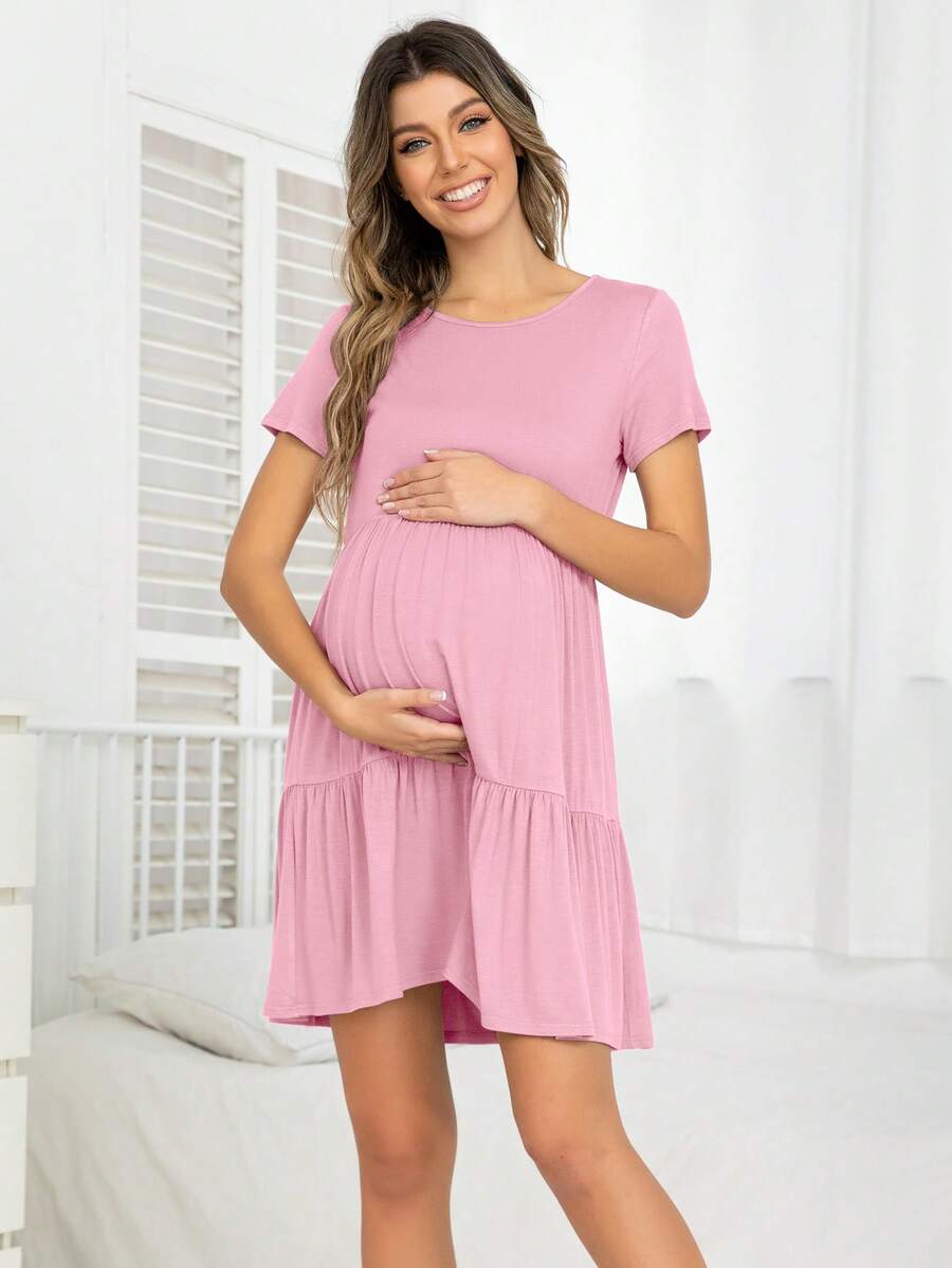 DEARCASE 孕婦素色荷葉邊娃娃裙 - 粉色 - 查看 1