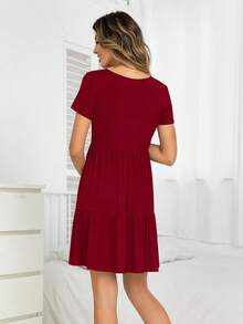 DEARCASE Maternity Solid Ruffle Hem Smock Dress - Burgundy - View 2