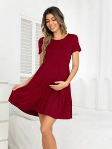 DEARCASE Maternity Solid Ruffle Hem Smock Dress - Burgundy - View 4
