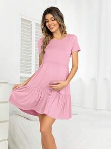 DEARCASE 孕婦素色荷葉邊娃娃裙 - 粉色 - 查看 5