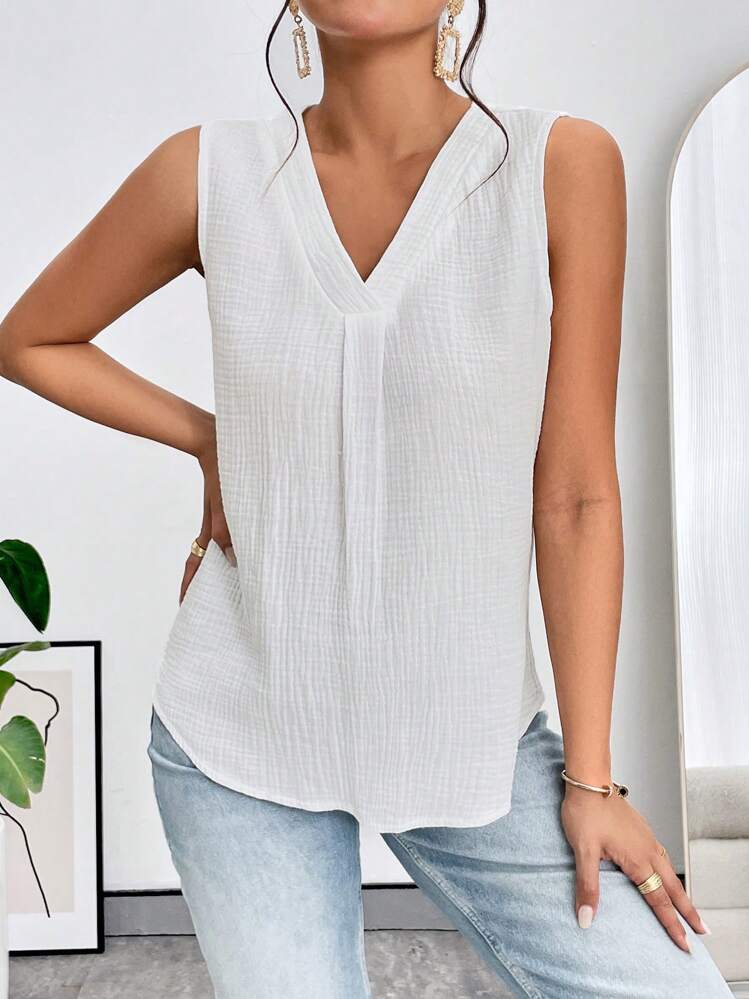SHEIN Essnce Camisa sin manga unicolor de cuello V - Blanco - Añade 2