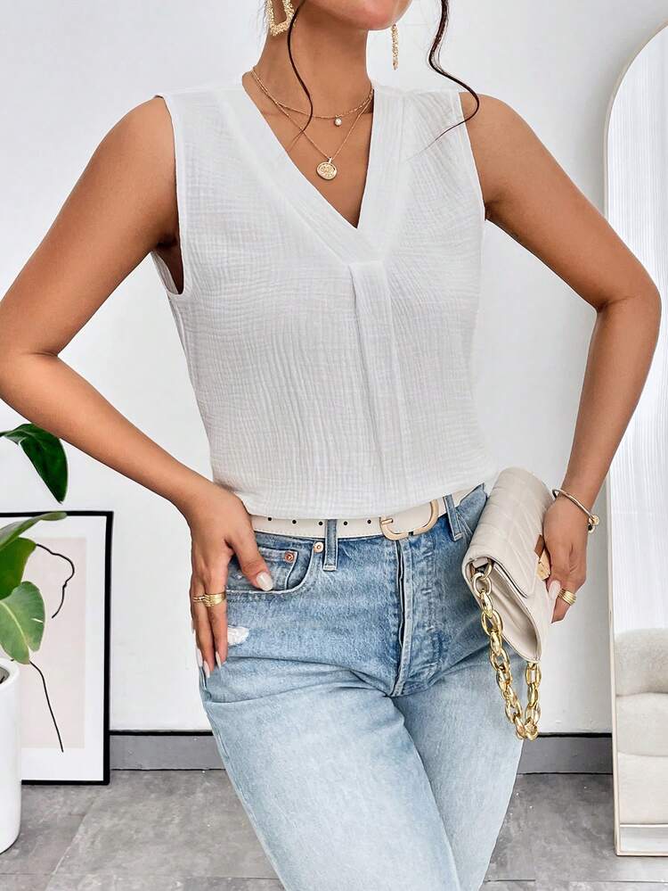 SHEIN Essnce Camisa sin manga unicolor de cuello V - Blanco - Añade 5