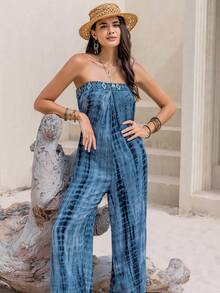 Áo liền quần nữ Lộ Lưng Buộc lại Cà vạt nhuộm Giải trí - Màu xanh lam - Xem 3