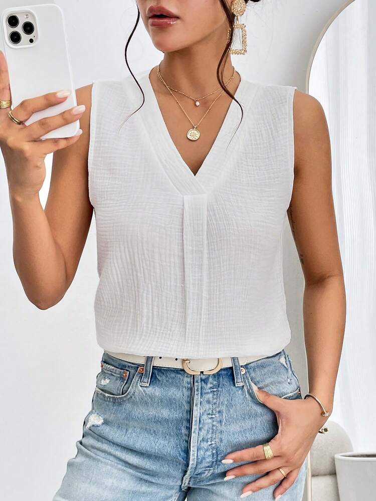 SHEIN Essnce Camisa sin manga unicolor de cuello V - Blanco - Añade 6