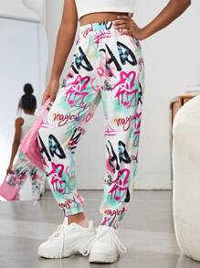 SHEIN SLAYR KIDS Tween Girls' Letter Print Knit Sports Sweatpants With Pockets - Multicolor - View 7