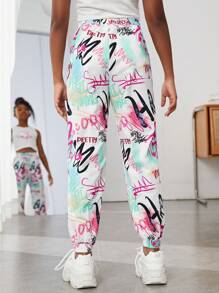 SHEIN SLAYR KIDS Tween Girls' Letter Print Knit Sports Sweatpants With Pockets - Multicolor - View 2