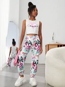 SHEIN SLAYR KIDS Tween Girls' Letter Print Knit Sports Sweatpants With Pockets - Multicolor - View 3