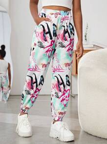 SHEIN SLAYR KIDS Tween Girls' Letter Print Knit Sports Sweatpants With Pockets - Multicolor - View 4