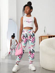 SHEIN SLAYR KIDS Tween Girls' Letter Print Knit Sports Sweatpants With Pockets - Multicolor - View 5