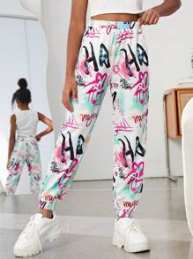 SHEIN SLAYR KIDS Tween Girls' Letter Print Knit Sports Sweatpants With Pockets - Multicolor - View 6