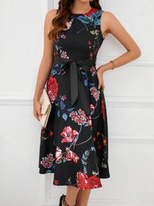 SHEIN Clasi Đầm Thắt lưng Hoa Thanh lịch - màu đen - Xem 4