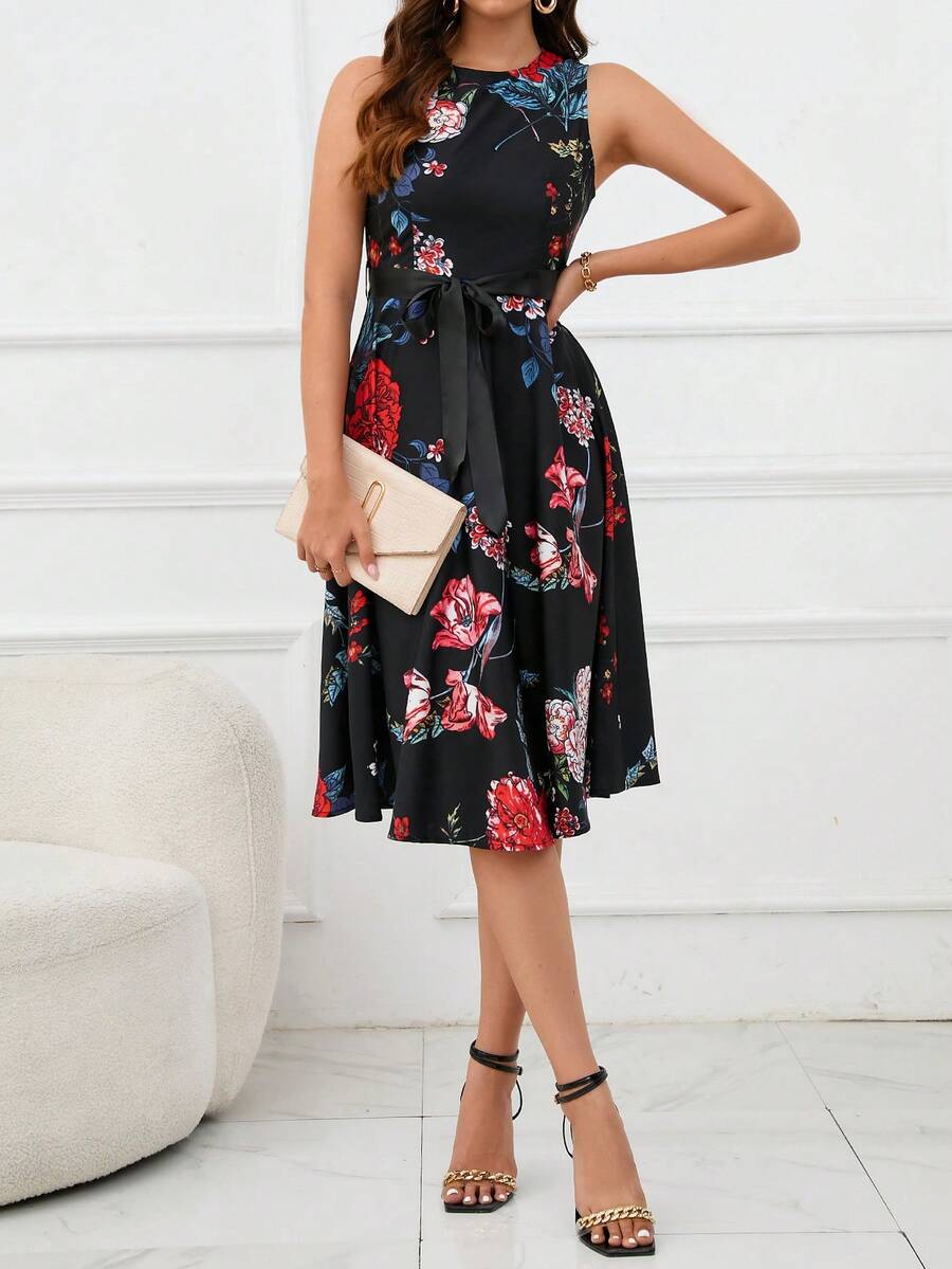 SHEIN Clasi Đầm Thắt lưng Hoa Thanh lịch - màu đen - Xem 1