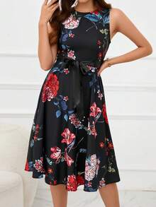 SHEIN Clasi Đầm Thắt lưng Hoa Thanh lịch - màu đen - Xem 2