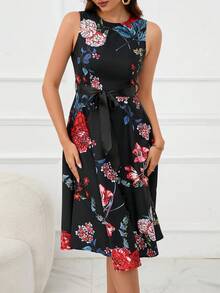SHEIN Clasi Đầm Thắt lưng Hoa Thanh lịch - màu đen - Xem 5
