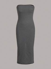 SHEIN EZwear 條紋印花抹胸洋裝 - 黑與白 - 查看 1