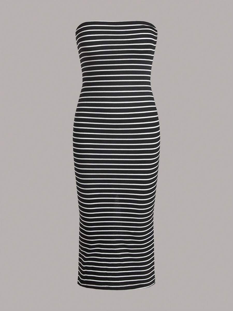 SHEIN EZwear 條紋印花抹胸洋裝 - 黑與白 - 查看 1