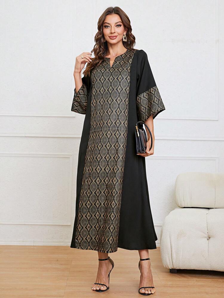 Geo Print Notched Neckline Dress, Modest Kaftan