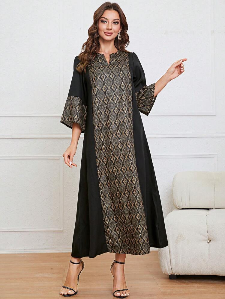 Geo Print Notched Neckline Dress, Modest Kaftan