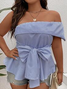 SHEIN Clasi Áo sơ mi Plus Size Viên lá sen Thắt nơ trước Sọc Giải trí - Màu xanh lam - Xem 1