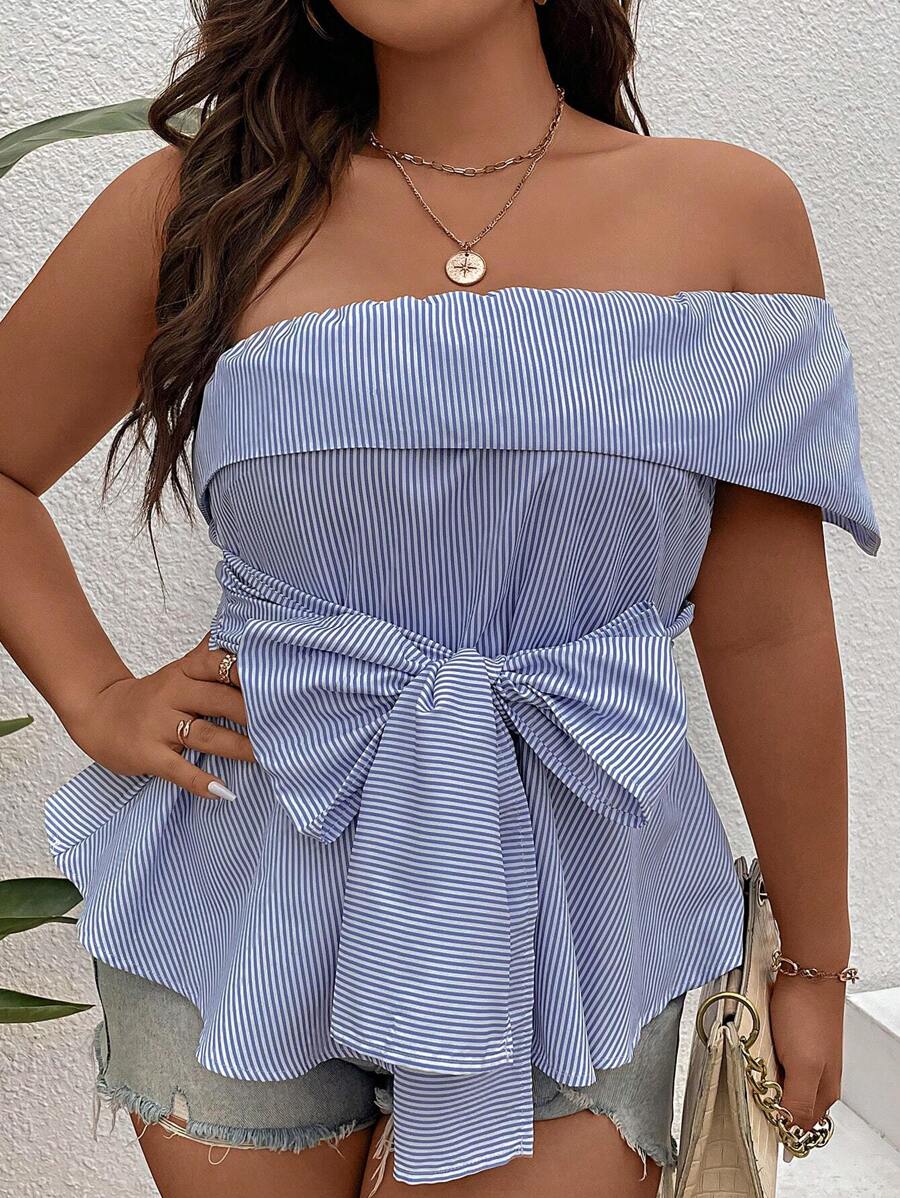 SHEIN Clasi Áo sơ mi Plus Size Viên lá sen Thắt nơ trước Sọc Giải trí - Màu xanh lam - Xem 1