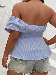 SHEIN Clasi Áo sơ mi Plus Size Viên lá sen Thắt nơ trước Sọc Giải trí - Màu xanh lam - Xem 2