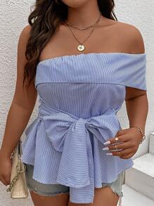 SHEIN Clasi Áo sơ mi Plus Size Viên lá sen Thắt nơ trước Sọc Giải trí - Màu xanh lam - Xem 5