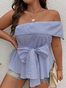 SHEIN Clasi Áo sơ mi Plus Size Viên lá sen Thắt nơ trước Sọc Giải trí - Màu xanh lam - Xem 6